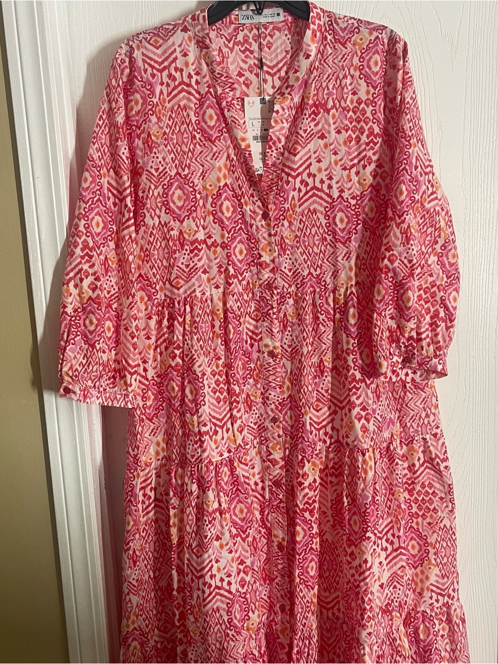 Zara Womens Pink Orange Ikat Print Tiered maxi Dress 9878/094/046 Large NWT - Picture 5 of 11